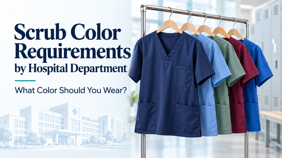 Five scrub tops in different colors on a hospital clothing rack beside the title “Scrub Color Requirements by Hospital Department.”