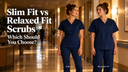 Slim fit vs. relaxed fit scrubs comparison with two healthcare professionals wearing navy scrub sets in a hospital hallway.