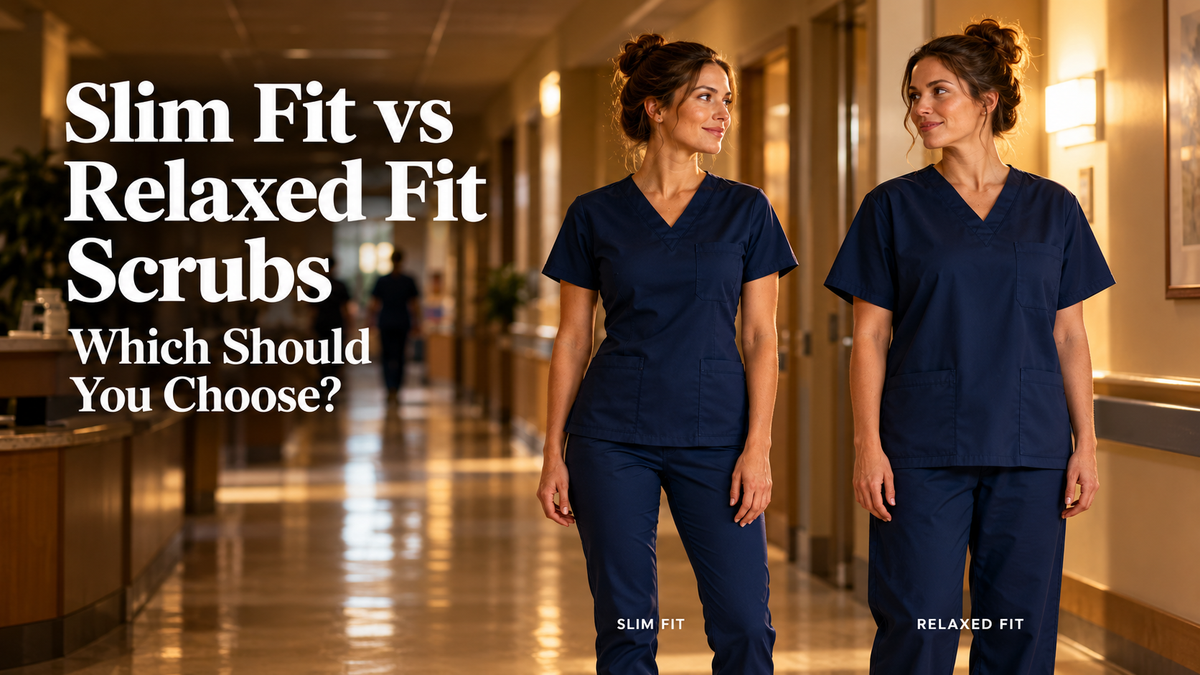Slim fit vs. relaxed fit scrubs comparison with two healthcare professionals wearing navy scrub sets in a hospital hallway.