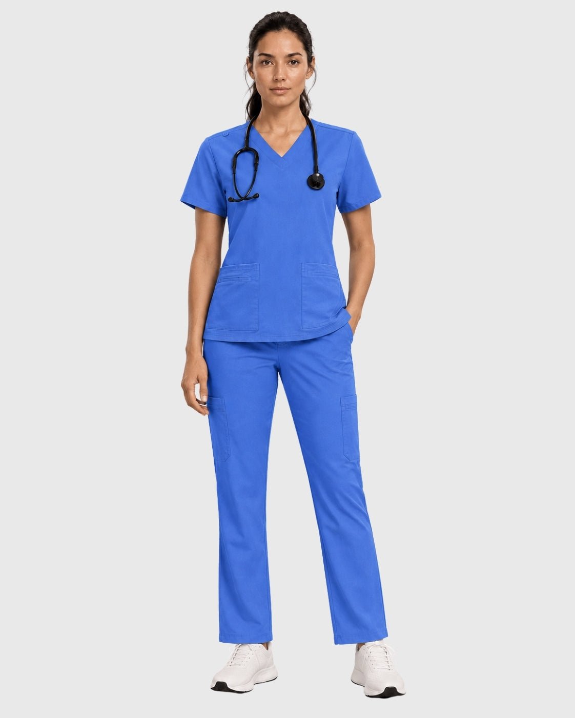 Women's Scrubs Set - V-Neck Top & Cargo Pants with 12 Pockets - Long Shift Scrubs