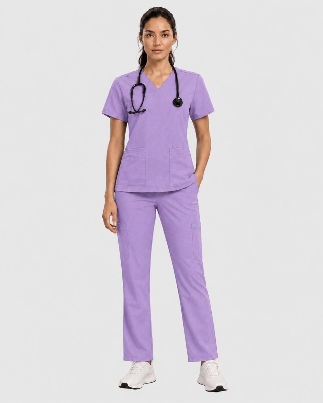 Women's Scrubs Set - V-Neck Top & Cargo Pants with 12 Pockets - Long Shift Scrubs