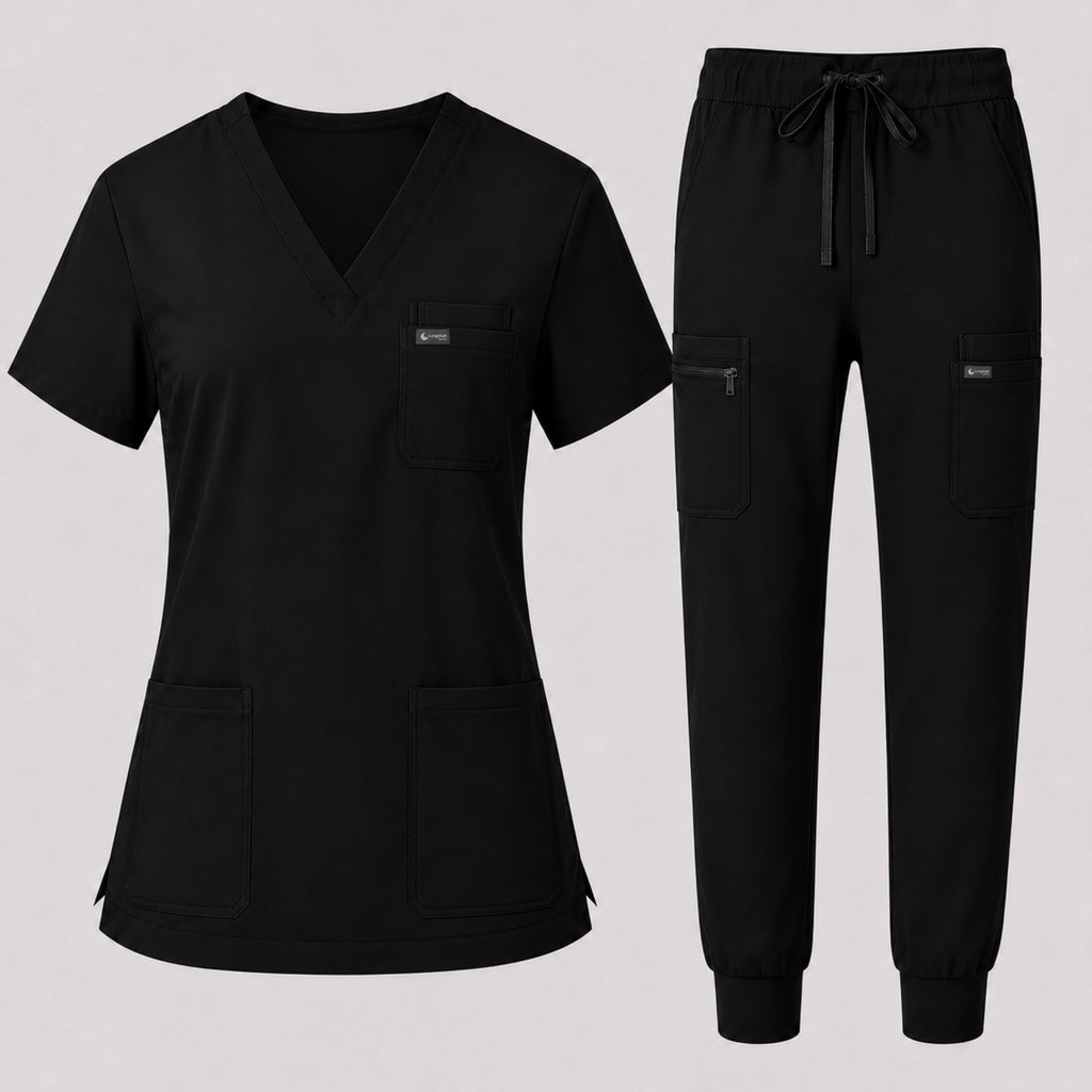 Women's Classic V-Neck Scrub Set - CloudFlex Drawstring Jogger, 12 Pockets - Long Shift Scrubs