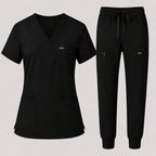 Women's Classic V-Neck Scrub Set - CloudFlex Drawstring Jogger, 12 Pockets - Long Shift Scrubs