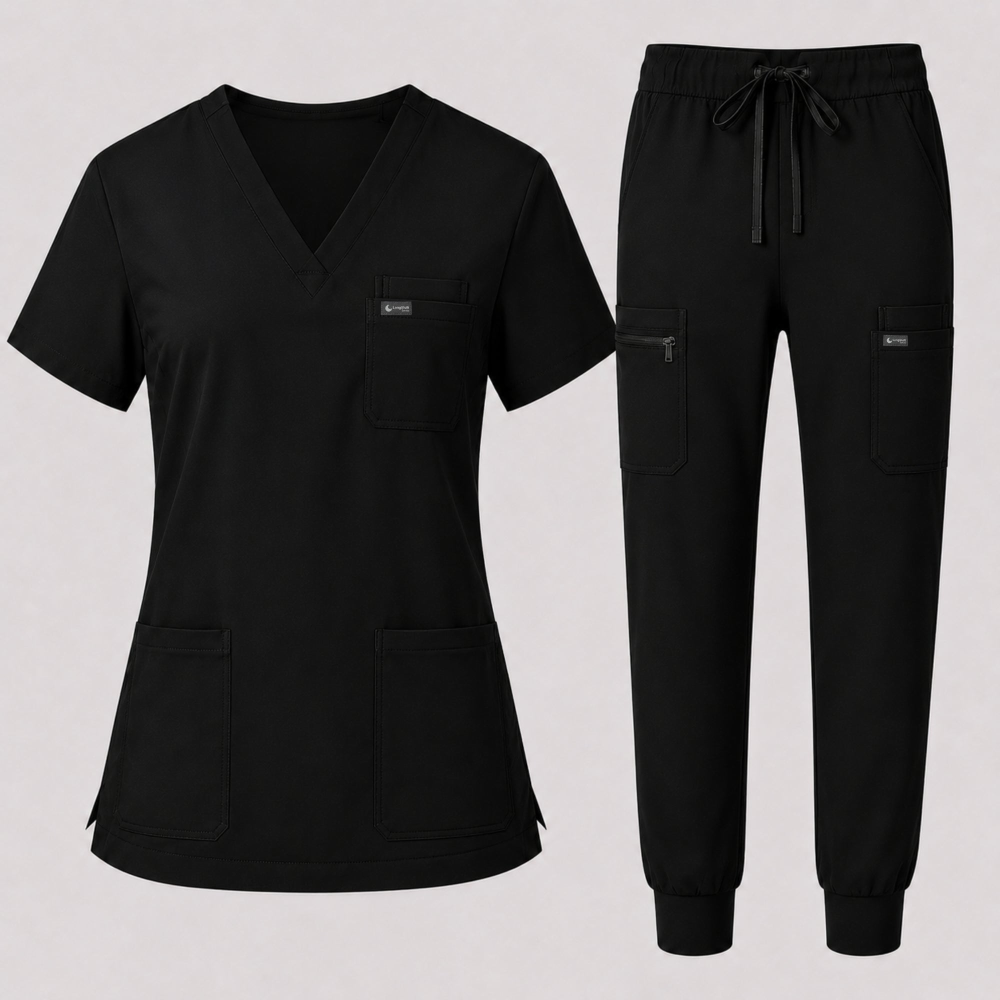 Women's Classic V-Neck Scrub Set - CloudFlex Drawstring Jogger, 12 Pockets - Long Shift Scrubs