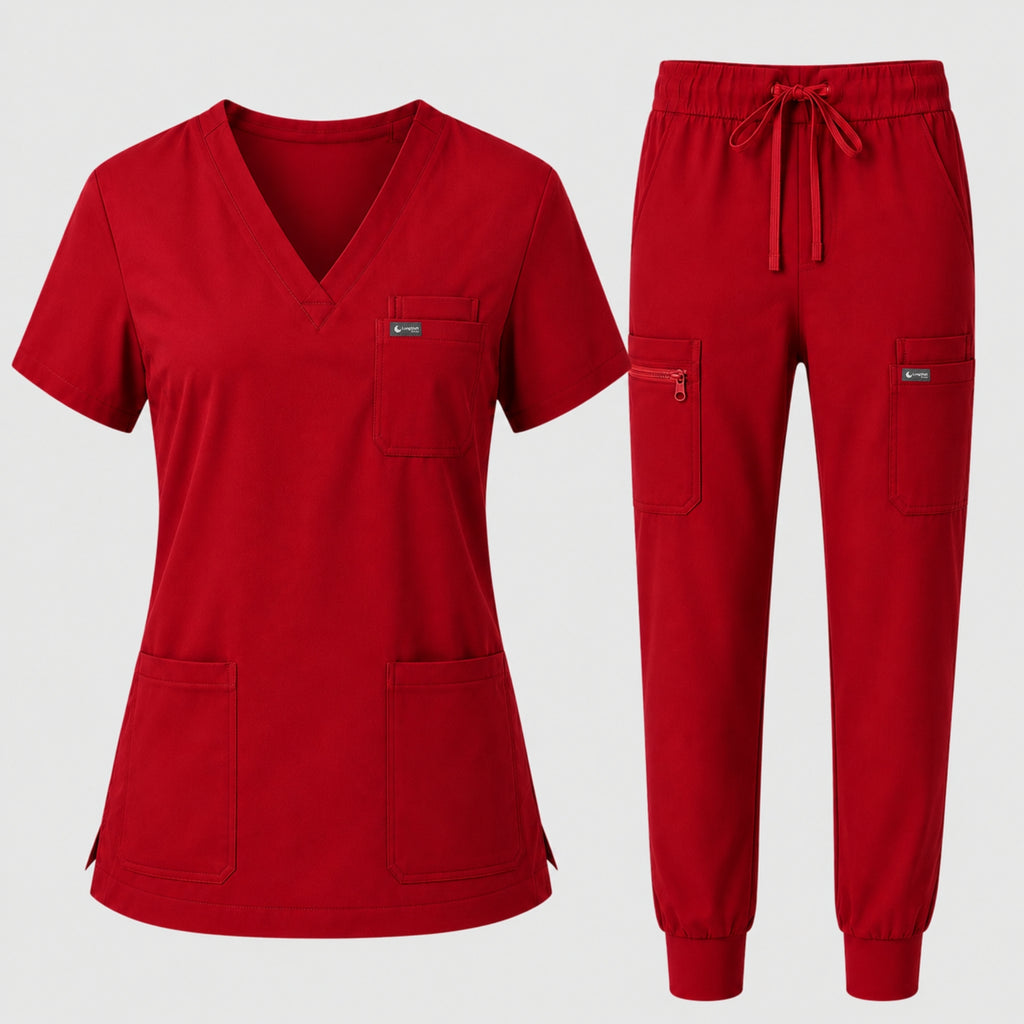 Women's Classic V-Neck Scrub Set - CloudFlex Drawstring Jogger, 12 Pockets - Long Shift Scrubs