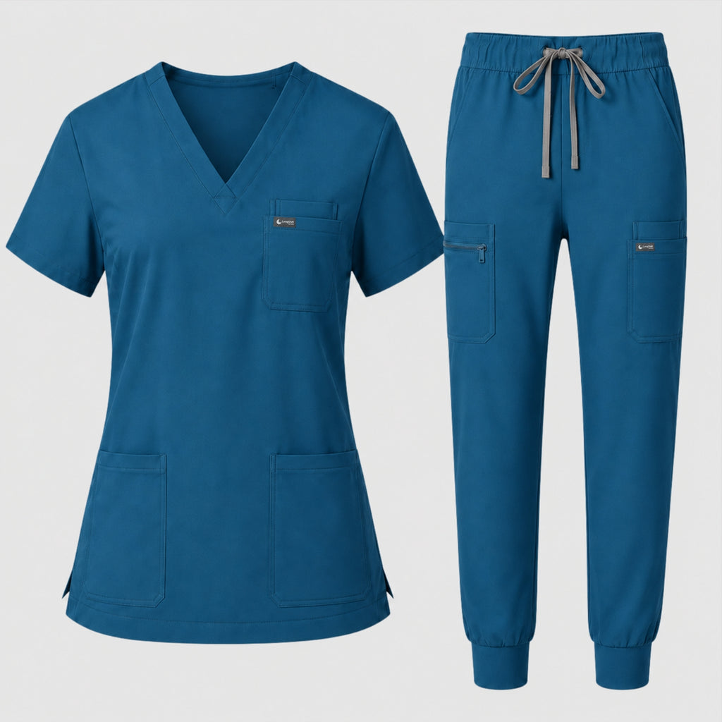 Women's Classic V-Neck Scrub Set - CloudFlex Drawstring Jogger, 12 Pockets - Long Shift Scrubs