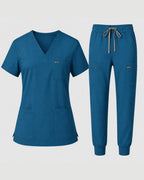 Women's Classic V-Neck Scrub Set - CloudFlex Drawstring Jogger, 12 Pockets - Long Shift Scrubs