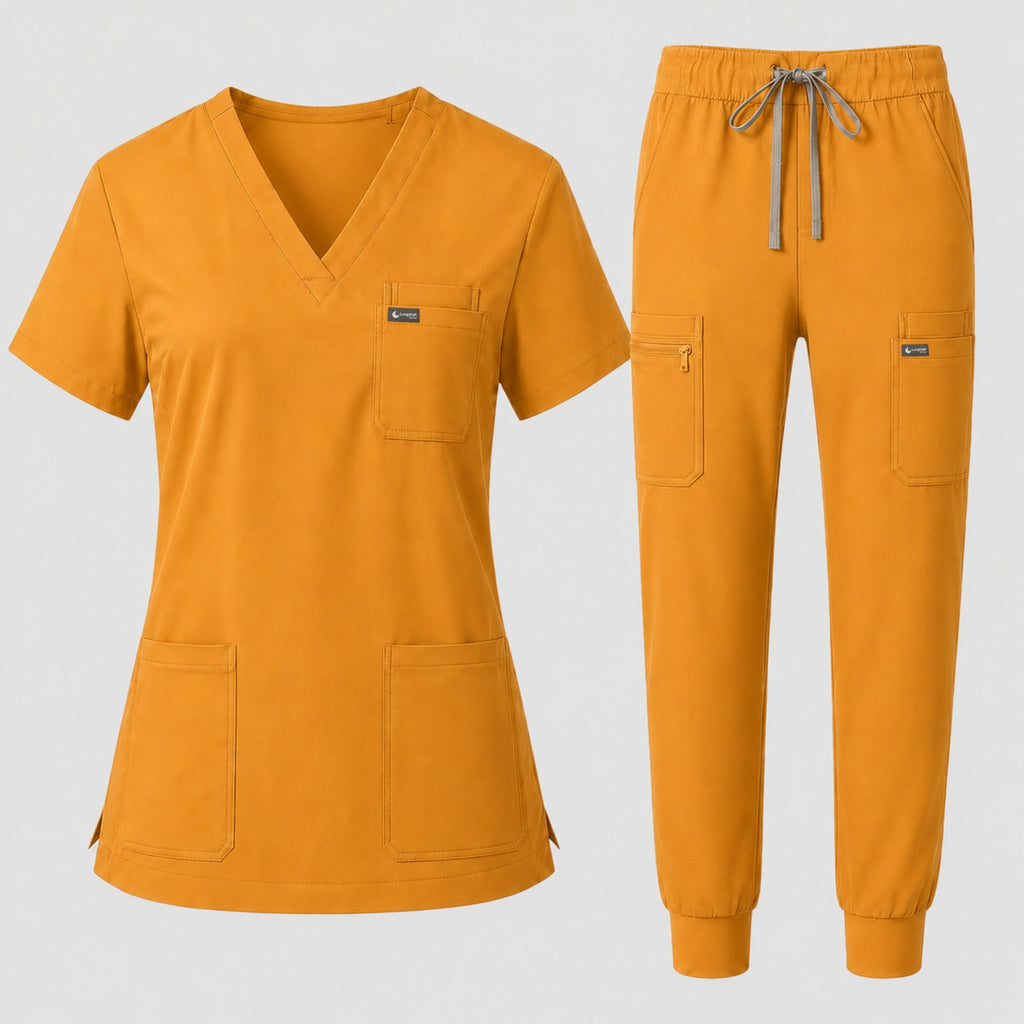 Women's Classic V-Neck Scrub Set - CloudFlex Drawstring Jogger, 12 Pockets - Long Shift Scrubs