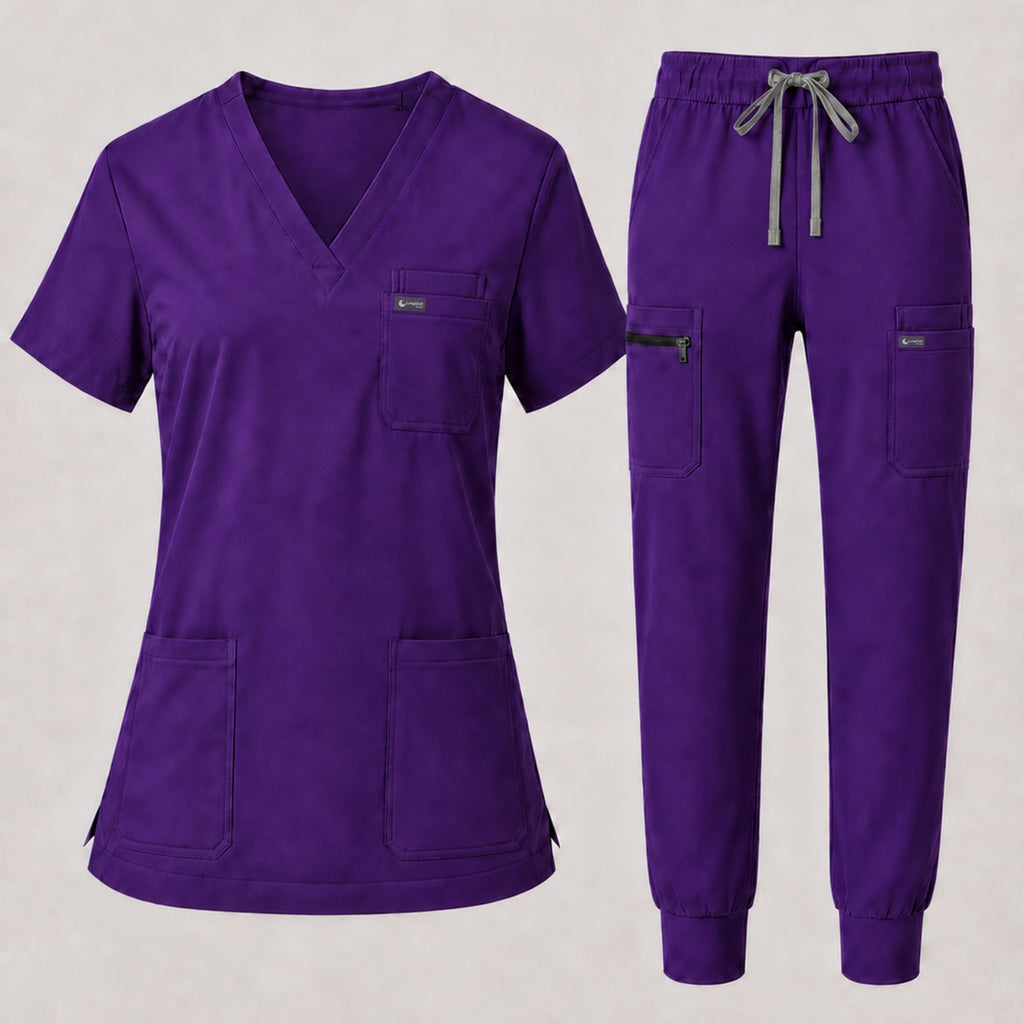 Women's Classic V-Neck Scrub Set - CloudFlex Drawstring Jogger, 12 Pockets - Long Shift Scrubs