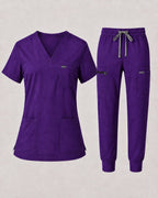 Women's Classic V-Neck Scrub Set - CloudFlex Drawstring Jogger, 12 Pockets - Long Shift Scrubs