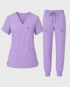 Women's Classic V-Neck Scrub Set - CloudFlex Drawstring Jogger, 12 Pockets - Long Shift Scrubs