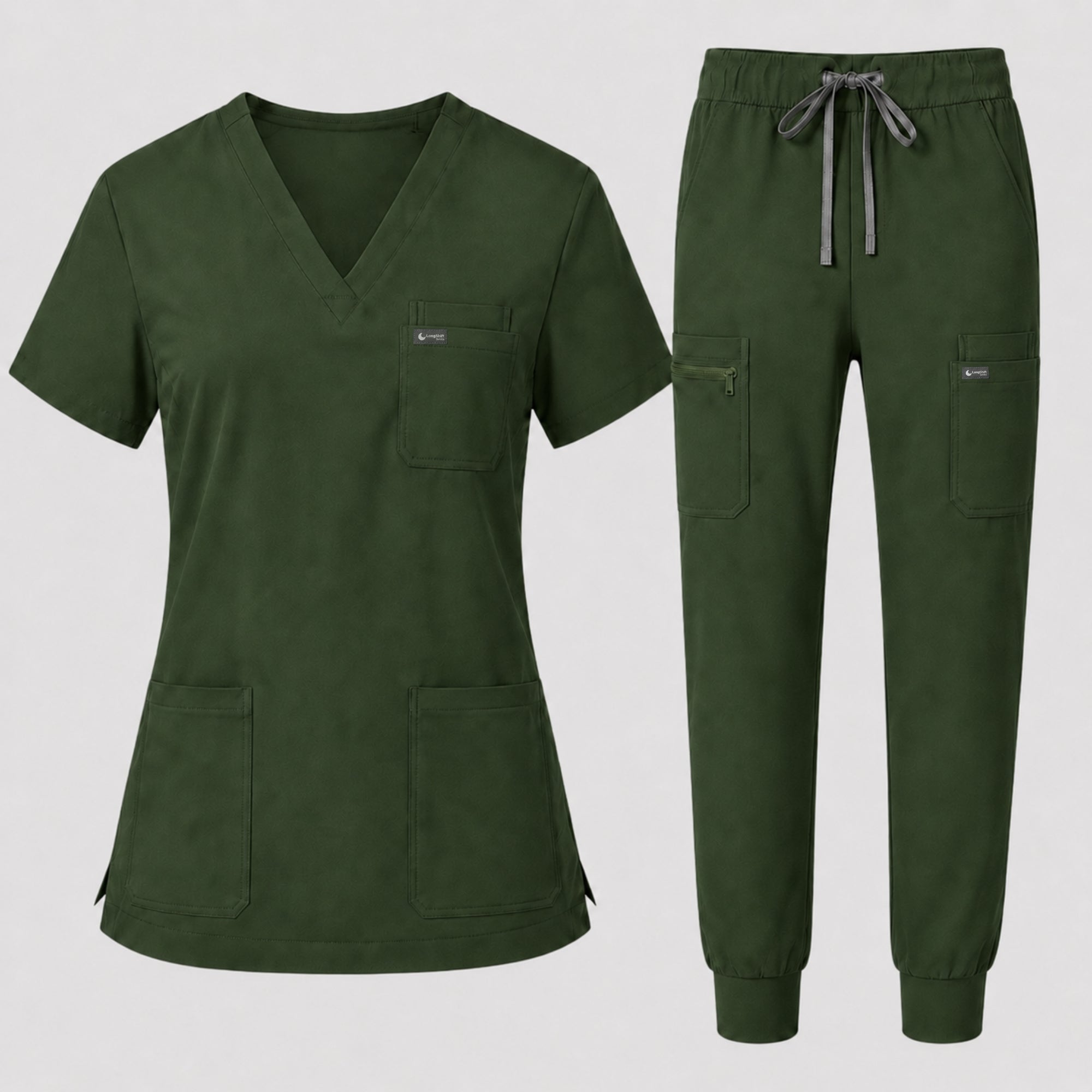 Women's Classic V-Neck Scrub Set - CloudFlex Drawstring Jogger, 12 Pockets - Long Shift Scrubs