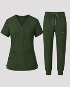 Women's Classic V-Neck Scrub Set - CloudFlex Drawstring Jogger, 12 Pockets - Long Shift Scrubs