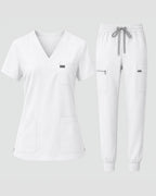 Women's Classic V-Neck Scrub Set - CloudFlex Drawstring Jogger, 12 Pockets - Long Shift Scrubs