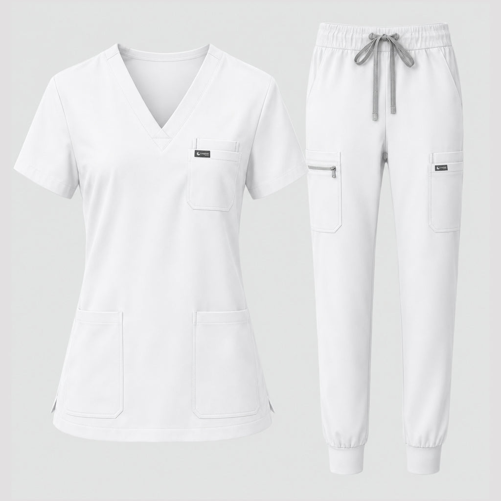 Women's Classic V-Neck Scrub Set - CloudFlex Drawstring Jogger, 12 Pockets - Long Shift Scrubs