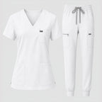 Women's Classic V-Neck Scrub Set - CloudFlex Drawstring Jogger, 12 Pockets - Long Shift Scrubs