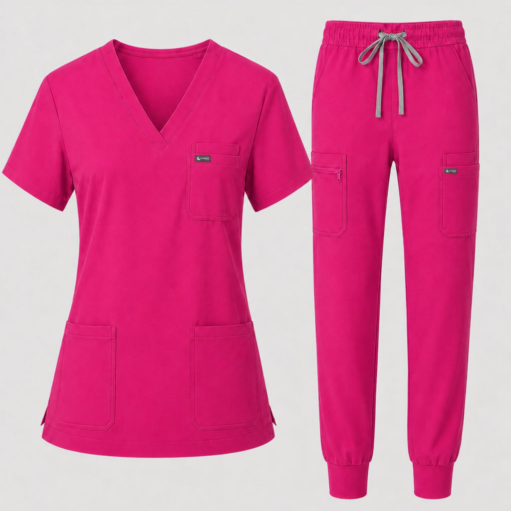 Women's Classic V-Neck Scrub Set - CloudFlex Drawstring Jogger, 12 Pockets - Long Shift Scrubs