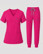Women's Classic V-Neck Scrub Set - CloudFlex Drawstring Jogger, 12 Pockets - Long Shift Scrubs