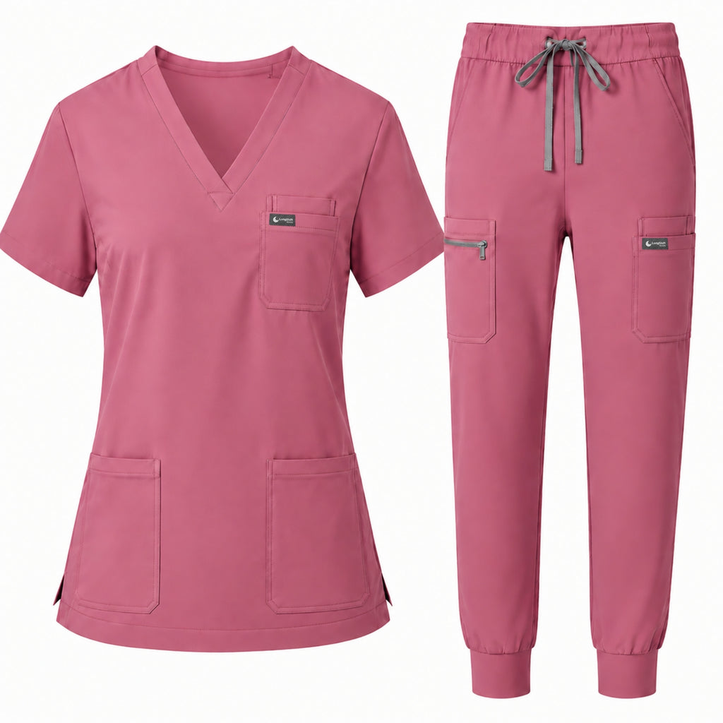 Women's Classic V-Neck Scrub Set - CloudFlex Drawstring Jogger, 12 Pockets - Long Shift Scrubs