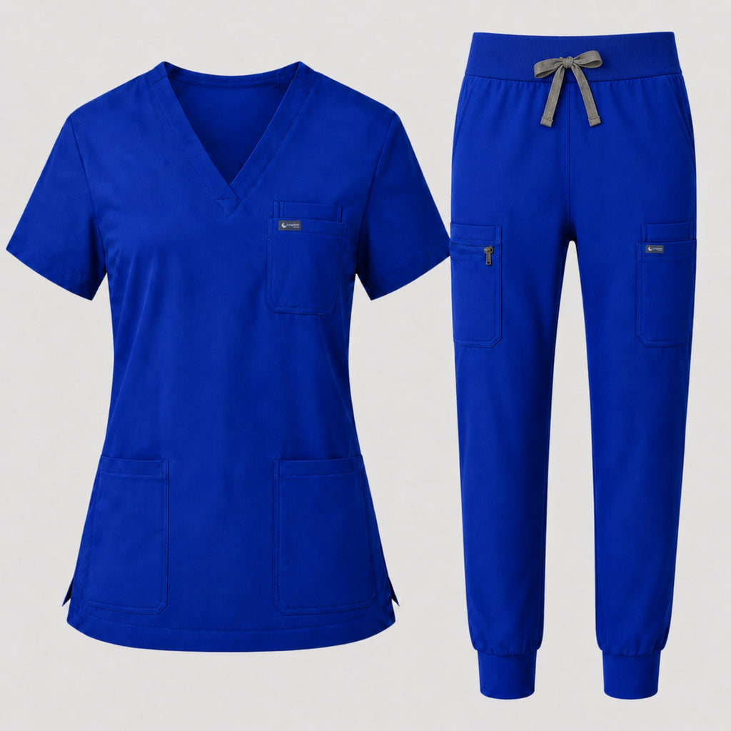 Women's Classic V-Neck Scrub Set - CloudFlex Drawstring Jogger, 12 Pockets - Long Shift Scrubs