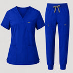 Women's Classic V-Neck Scrub Set - CloudFlex Drawstring Jogger, 12 Pockets - Long Shift Scrubs