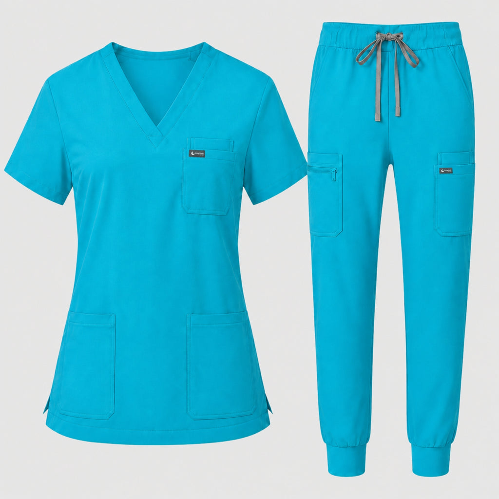 Women's Classic V-Neck Scrub Set - CloudFlex Drawstring Jogger, 12 Pockets - Long Shift Scrubs