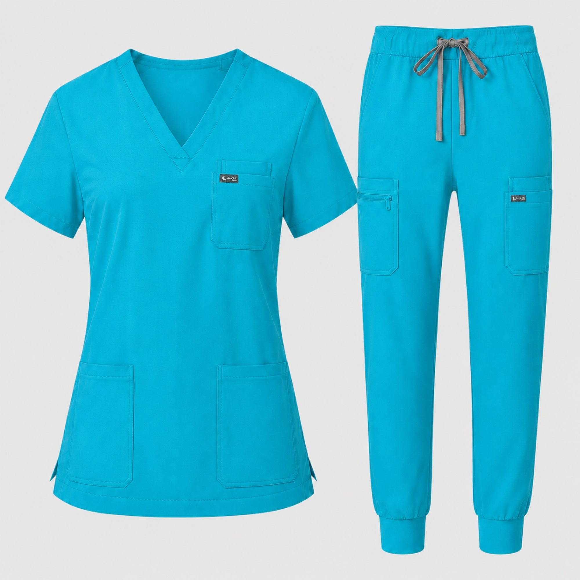 Women's Classic V-Neck Scrub Set - CloudFlex Drawstring Jogger, 12 Pockets - Long Shift Scrubs