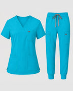 Women's Classic V-Neck Scrub Set - CloudFlex Drawstring Jogger, 12 Pockets - Long Shift Scrubs