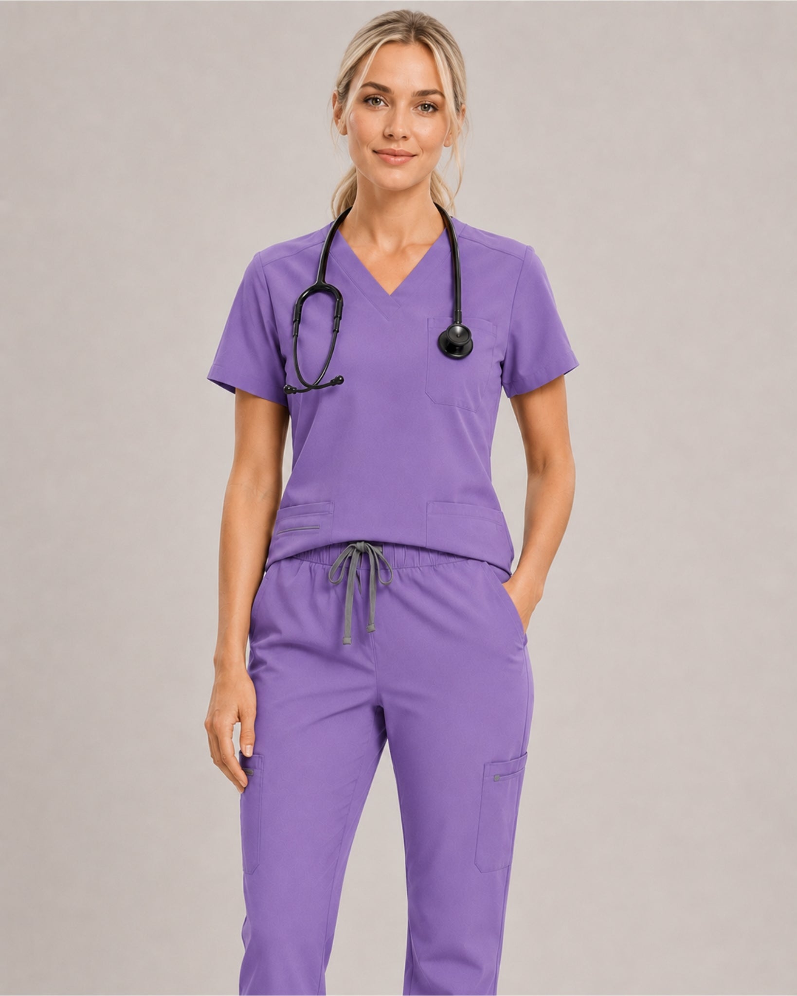 Women's Scrub Set - V-Neck Top & Cargo Straight Leg Pant Lightweight Soft Fabric - Long Shift Scrubs