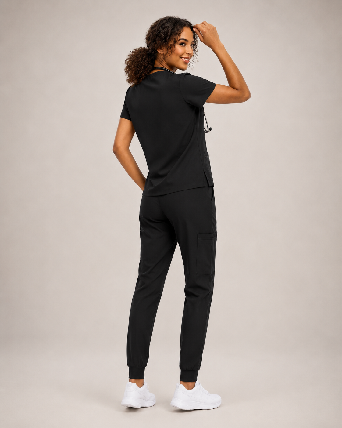 Women's Stretch V-Neck Scrub Top – 4 Pockets, Breathable & Easy Care Long Shift VelaFlex - Black