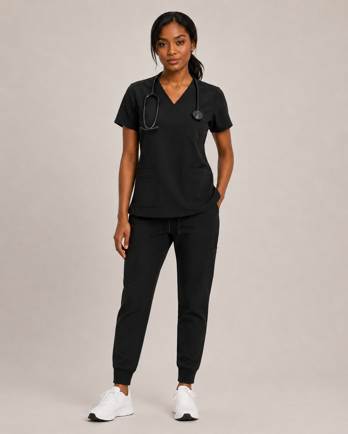 Women's Stretch V-Neck Scrub Top – 4 Pockets, Breathable & Easy Care Long Shift VelaFlex - Black