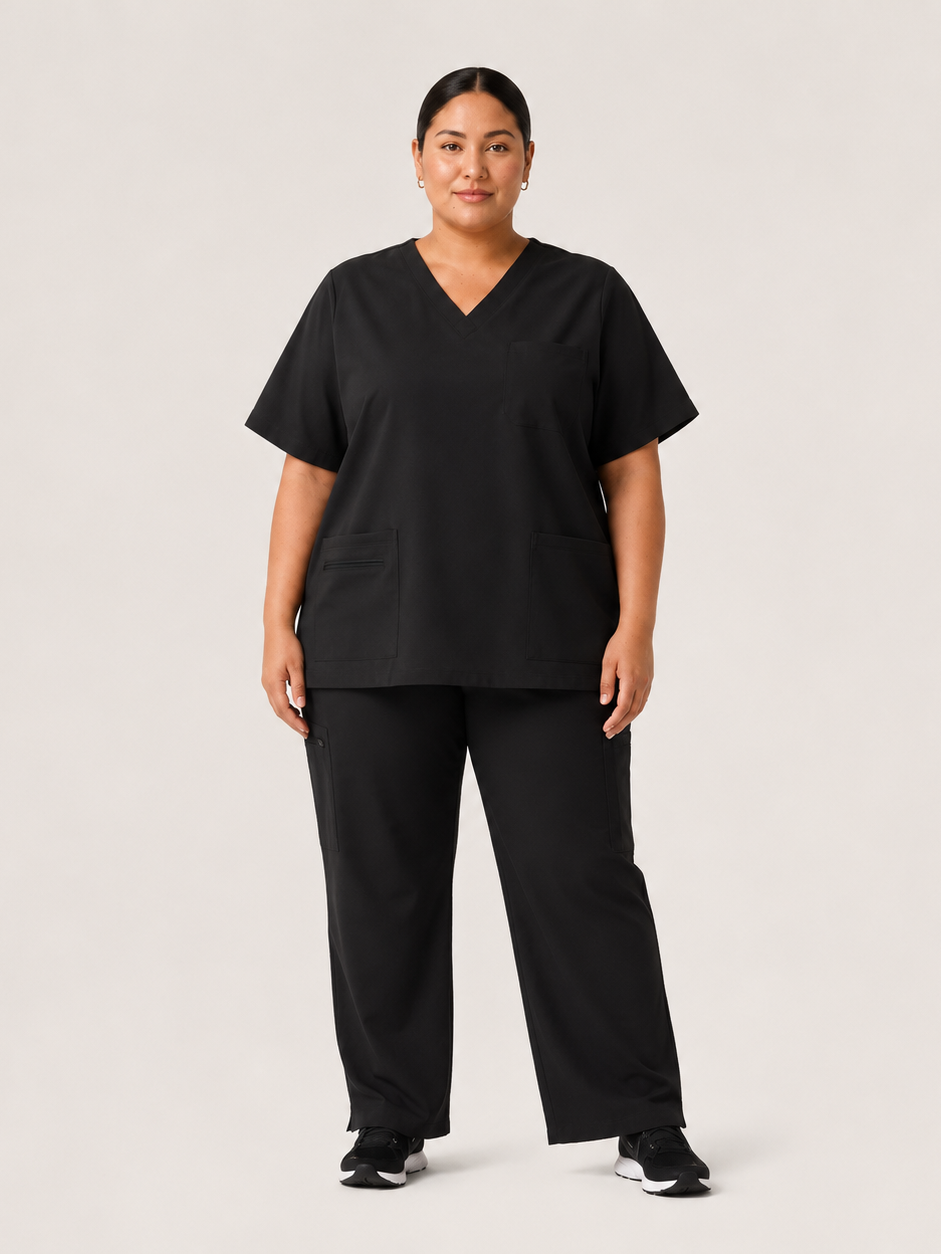 Women's Stretch V-Neck Scrub Top – 4 Pockets, Breathable & Easy Care Long Shift VelaFlex - Black