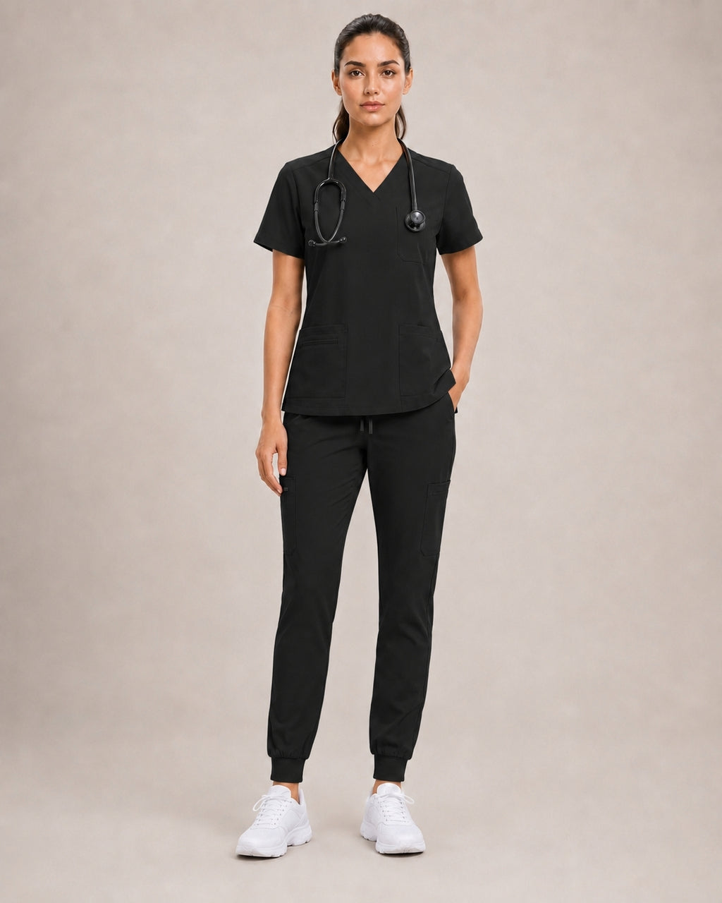 Women's Premium Comfort V-Neck Scrubs Set – Stretch Top & Cargo Pocket Jogger Pants, 10 Colors