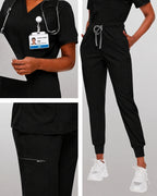 Women's Premium Comfort V-Neck Scrubs Set – Stretch Top & Cargo Pocket Jogger Pants, 10 Colors