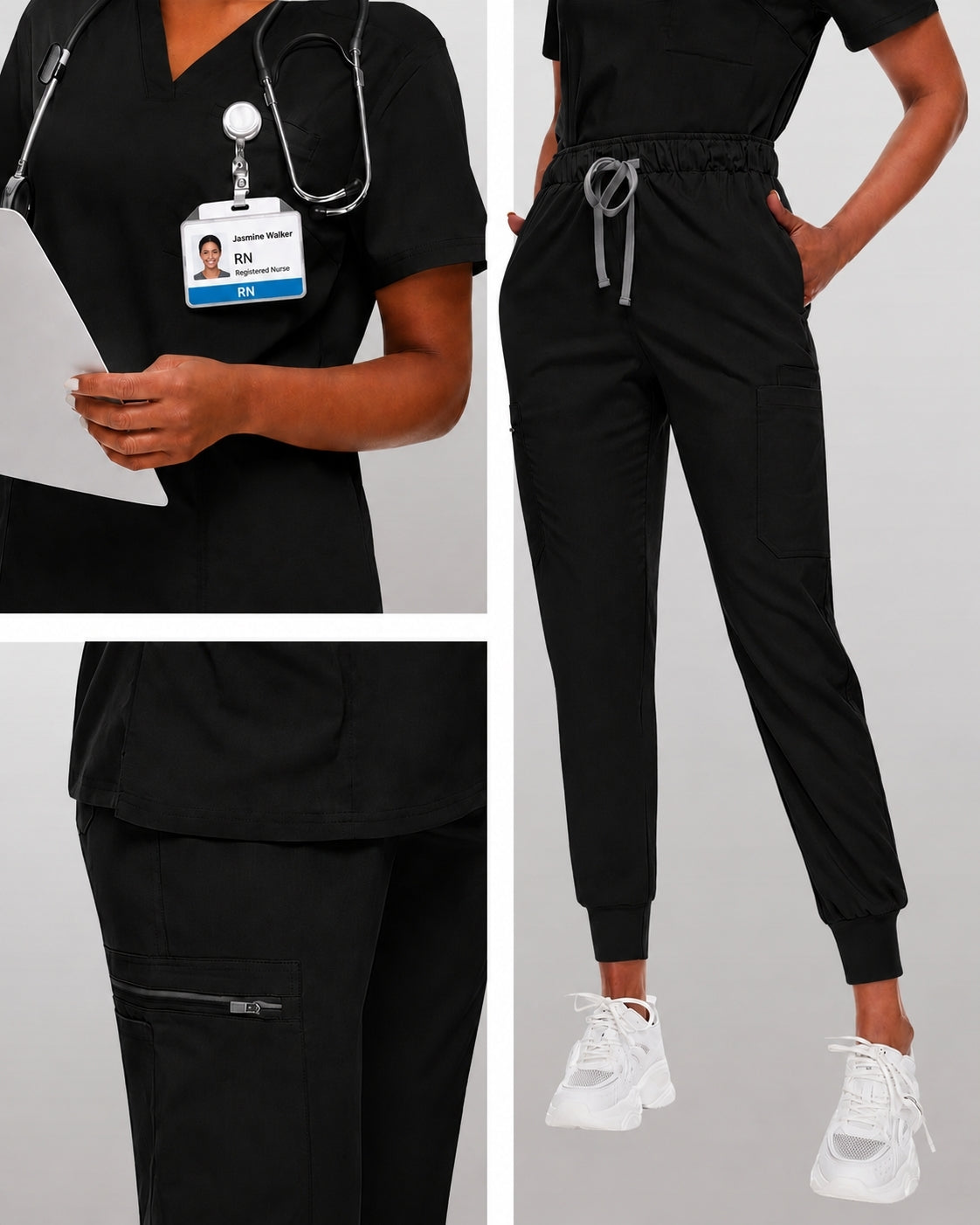 Women's Premium Comfort V-Neck Scrubs Set – Stretch Top & Cargo Pocket Jogger Pants, 10 Colors