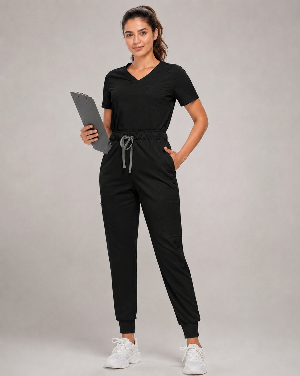 Women's Premium Comfort V-Neck Scrubs Set – Stretch Top & Cargo Pocket Jogger Pants, 10 Colors