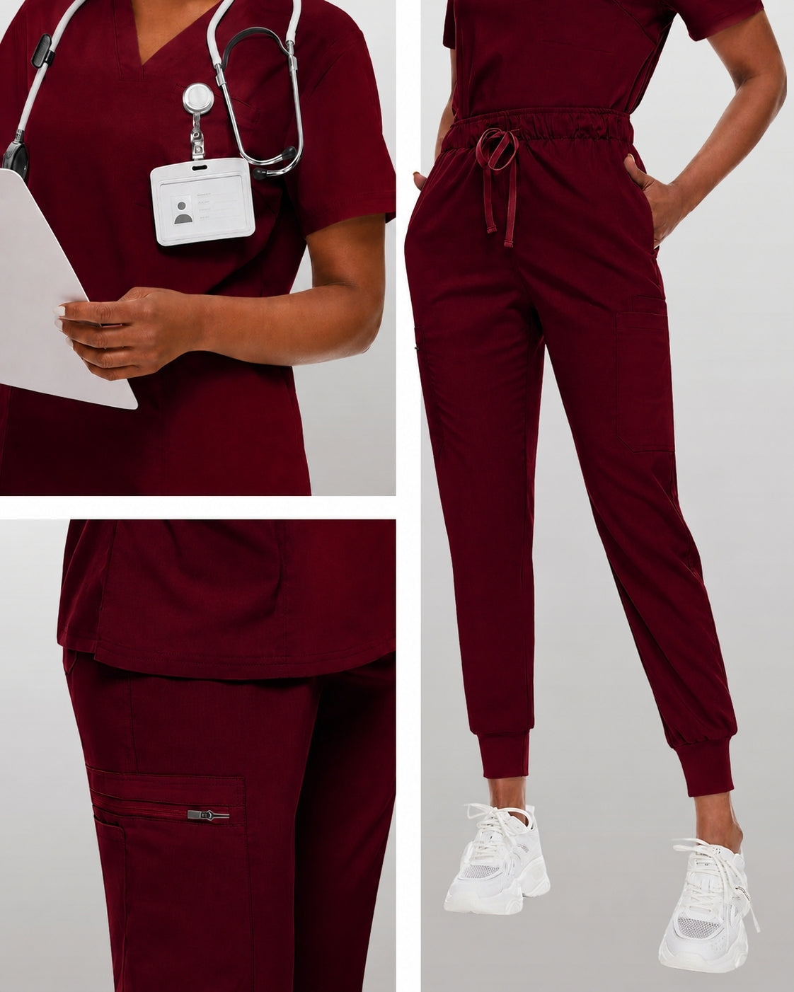 Women's Premium Comfort V-Neck Scrubs Set – Stretch Top & Cargo Pocket Jogger Pants, 10 Colors