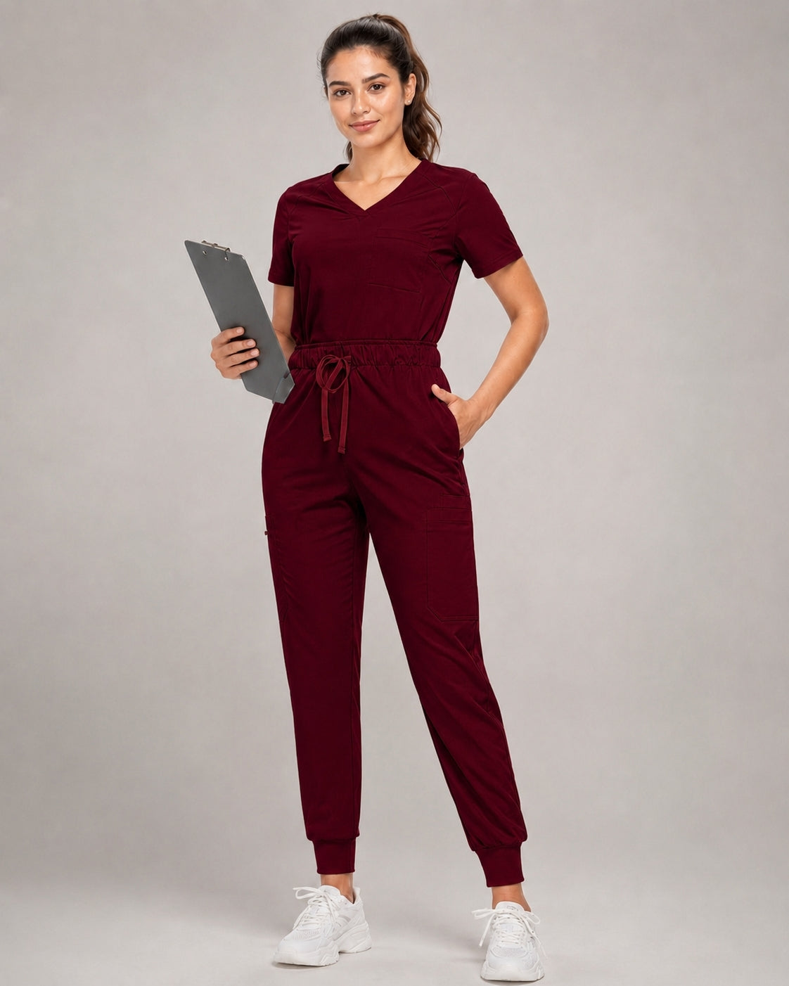Women's Premium Comfort V-Neck Scrubs Set – Stretch Top & Cargo Pocket Jogger Pants, 10 Colors