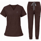 Notched V-Neck Jogger Scrub Set in Espresso