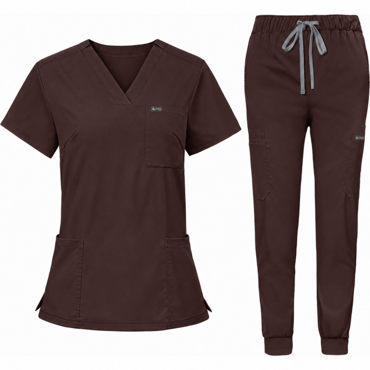 Notched V-Neck Jogger Scrub Set in Espresso