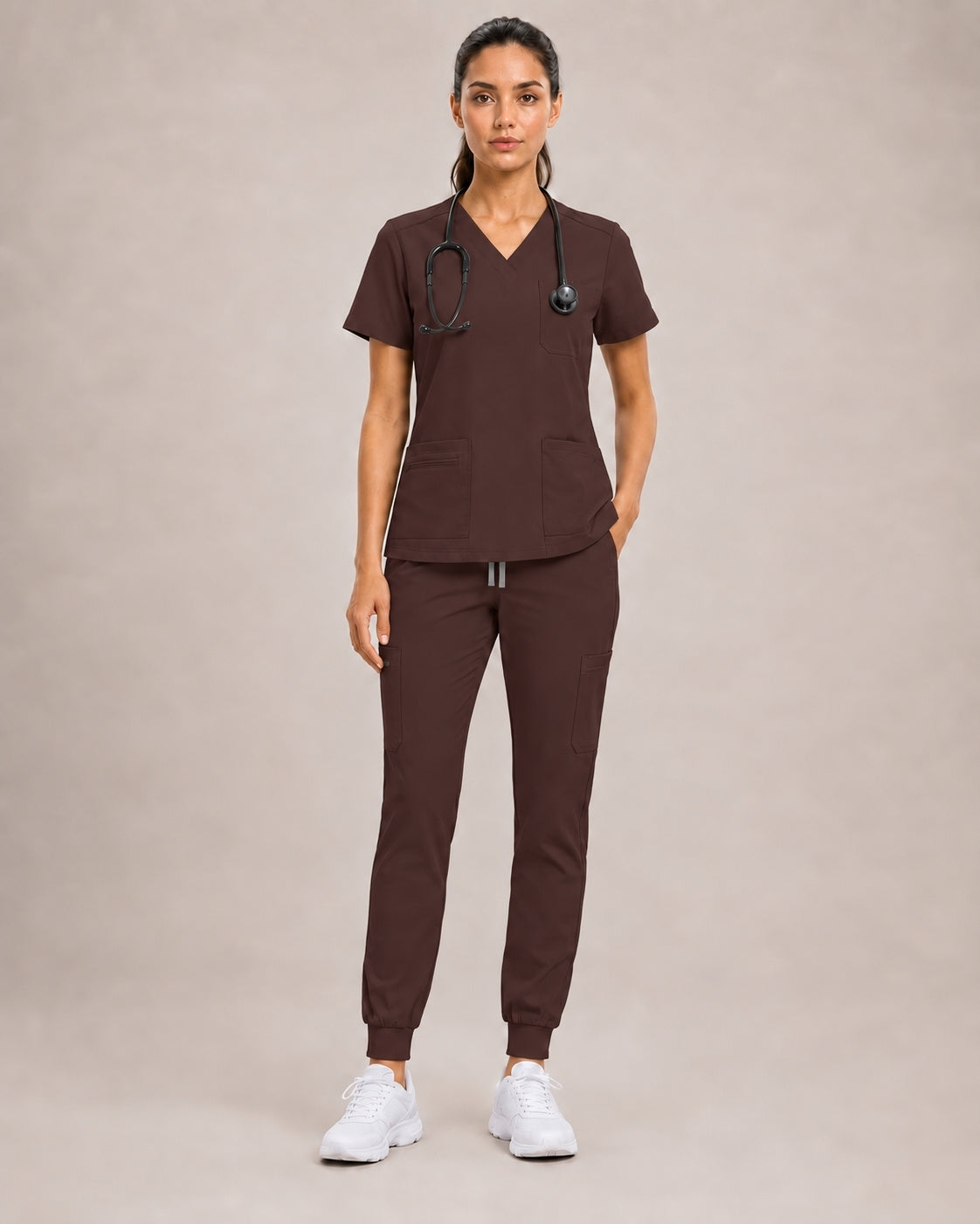 Notched V-Neck Jogger Scrub Set in Espresso