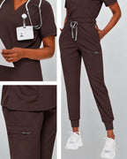 Notched V-Neck Jogger Scrub Set in Espresso