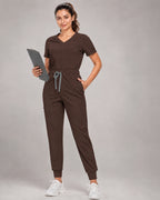 Notched V-Neck Jogger Scrub Set in Espresso