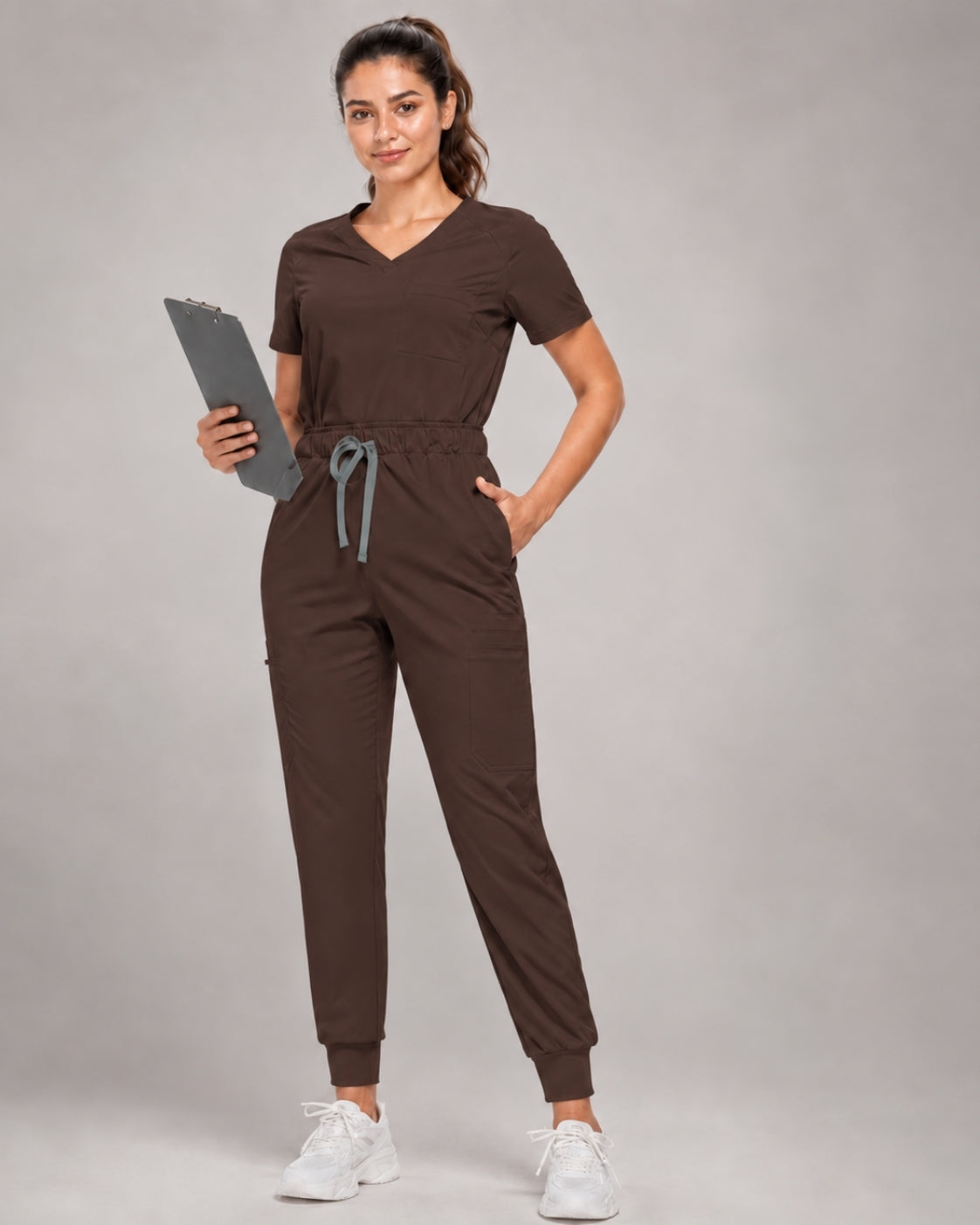 Notched V-Neck Jogger Scrub Set in Espresso