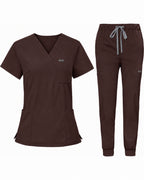 Notched V-Neck Jogger Scrub Set in Espresso