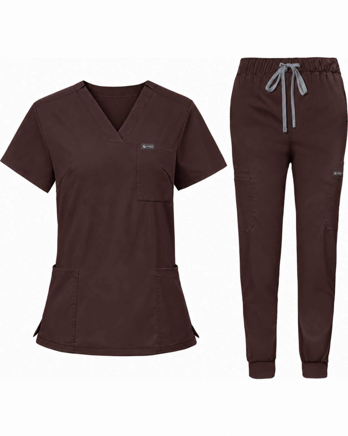 Notched V-Neck Jogger Scrub Set in Espresso