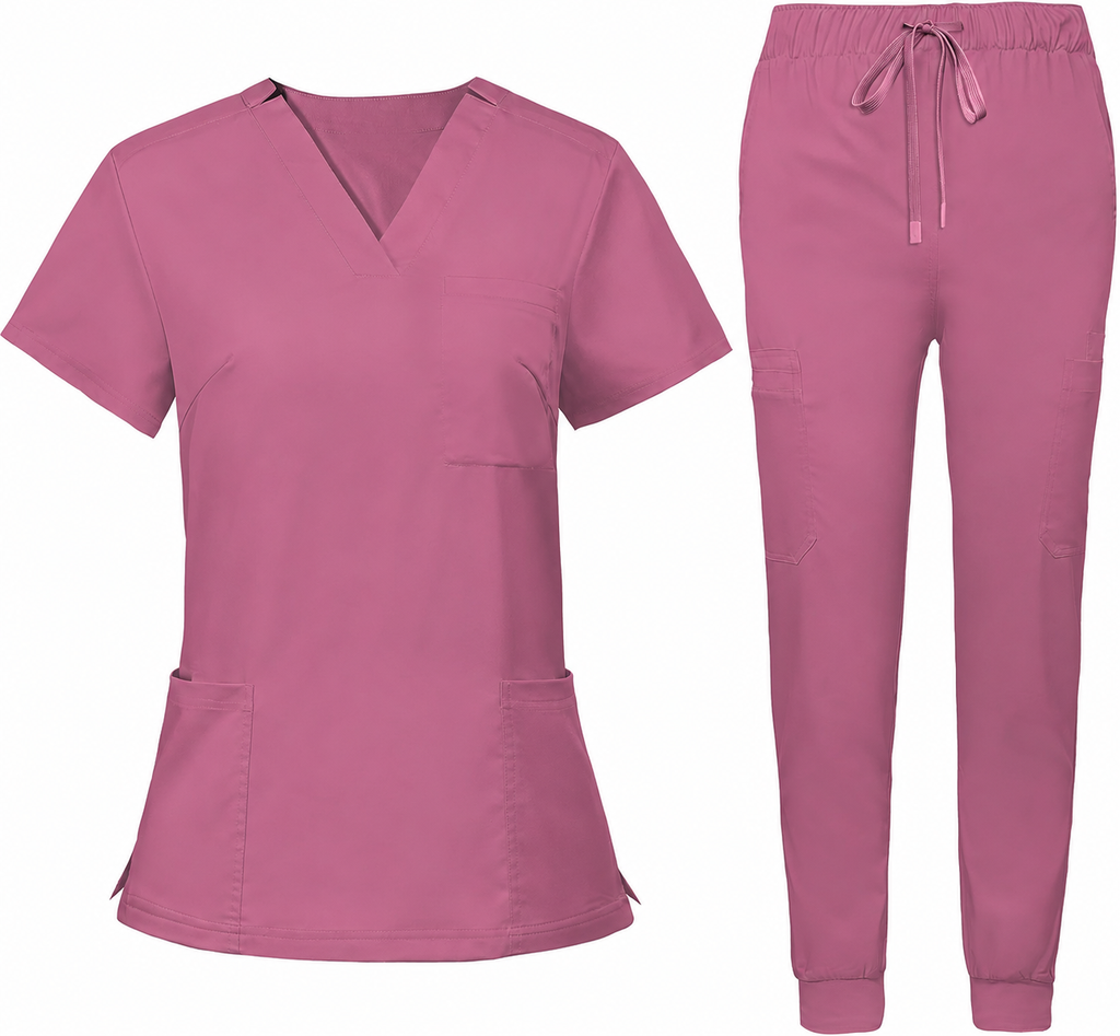 Women's Premium Comfort V-Neck Scrubs Set – Stretch Top & Cargo Pocket Jogger Pants, 10 Colors