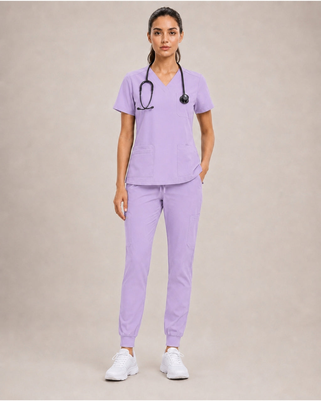 Women's Premium Comfort V-Neck Scrubs Set – Stretch Top & Cargo Pocket Jogger Pants, 10 Colors