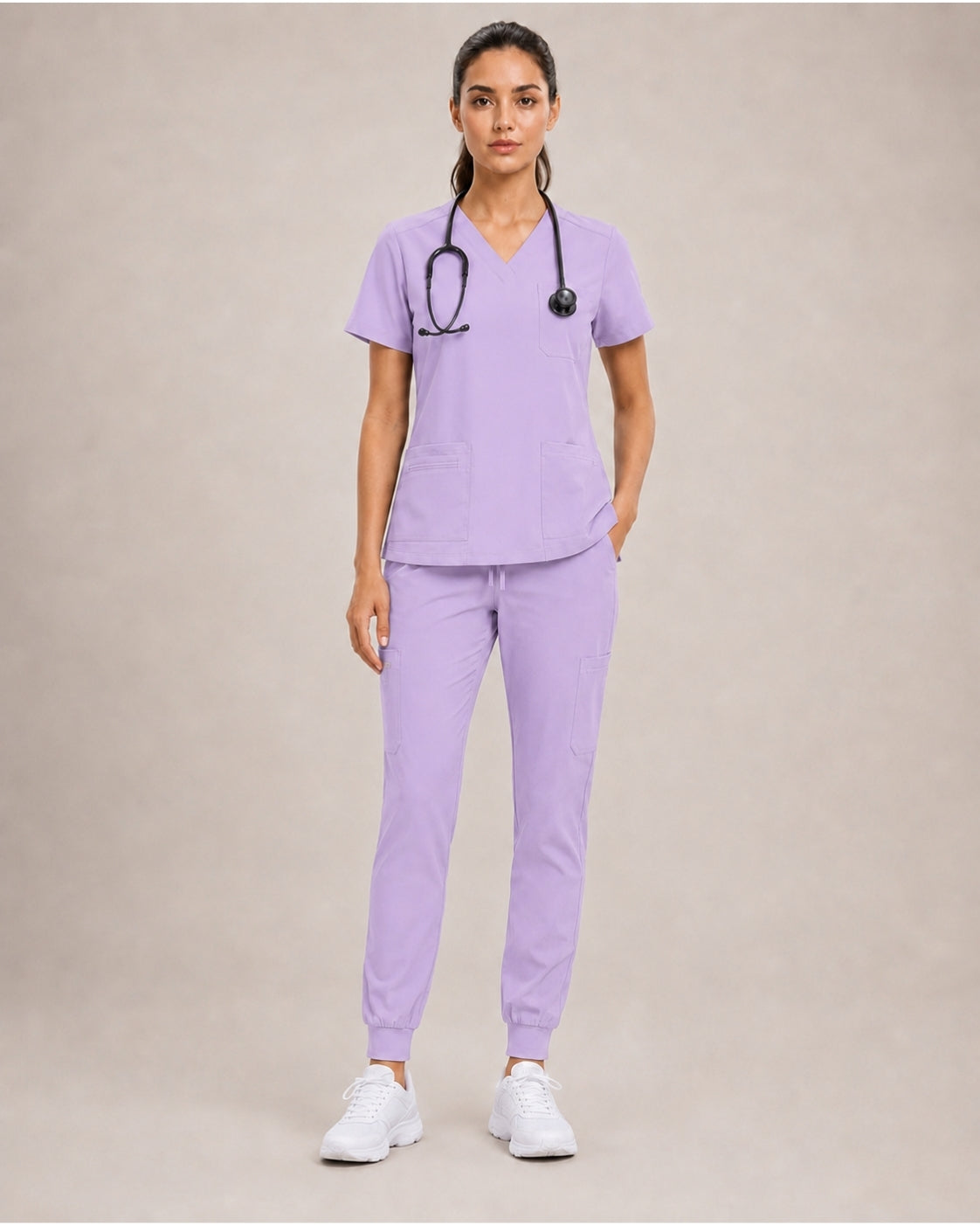 Women's Premium Comfort V-Neck Scrubs Set – Stretch Top & Cargo Pocket Jogger Pants, 10 Colors