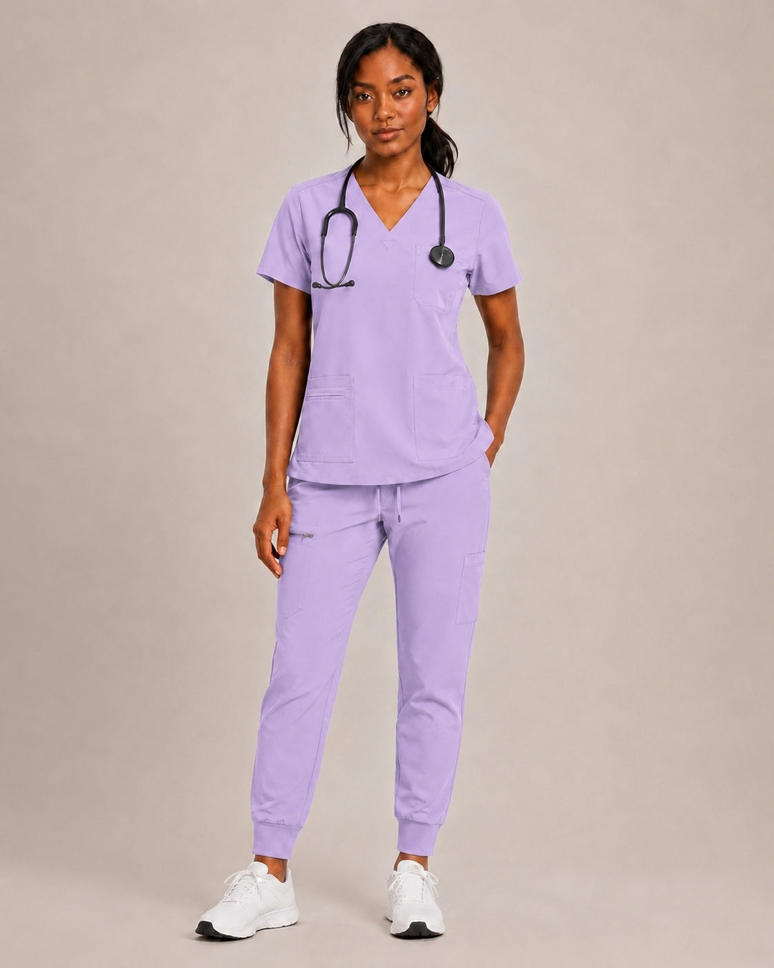 Women's Premium Comfort V-Neck Scrubs Set – Stretch Top & Cargo Pocket Jogger Pants, 10 Colors